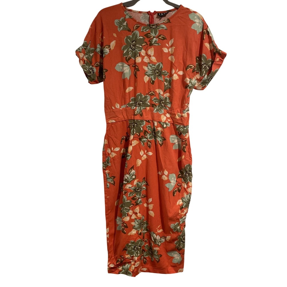 FKSP  Coral Floral Midi‎ Dress Linen Blend SUNRISE SUNSET COLLECTION "Mojito" Xl